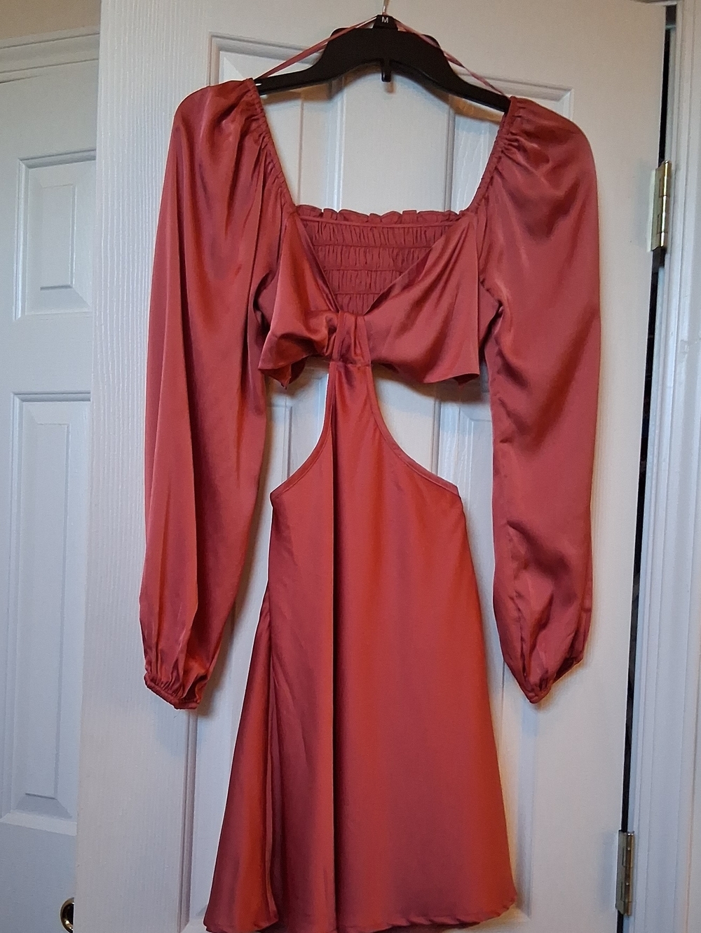 Cotton Candy Rust-Pink Satin Cutout Long-Sleeve Mini Dress